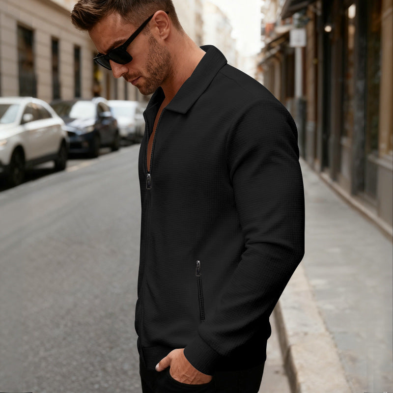 Men's Waffle Knit Zip-Up Jacket – Stylish Collar Jacket