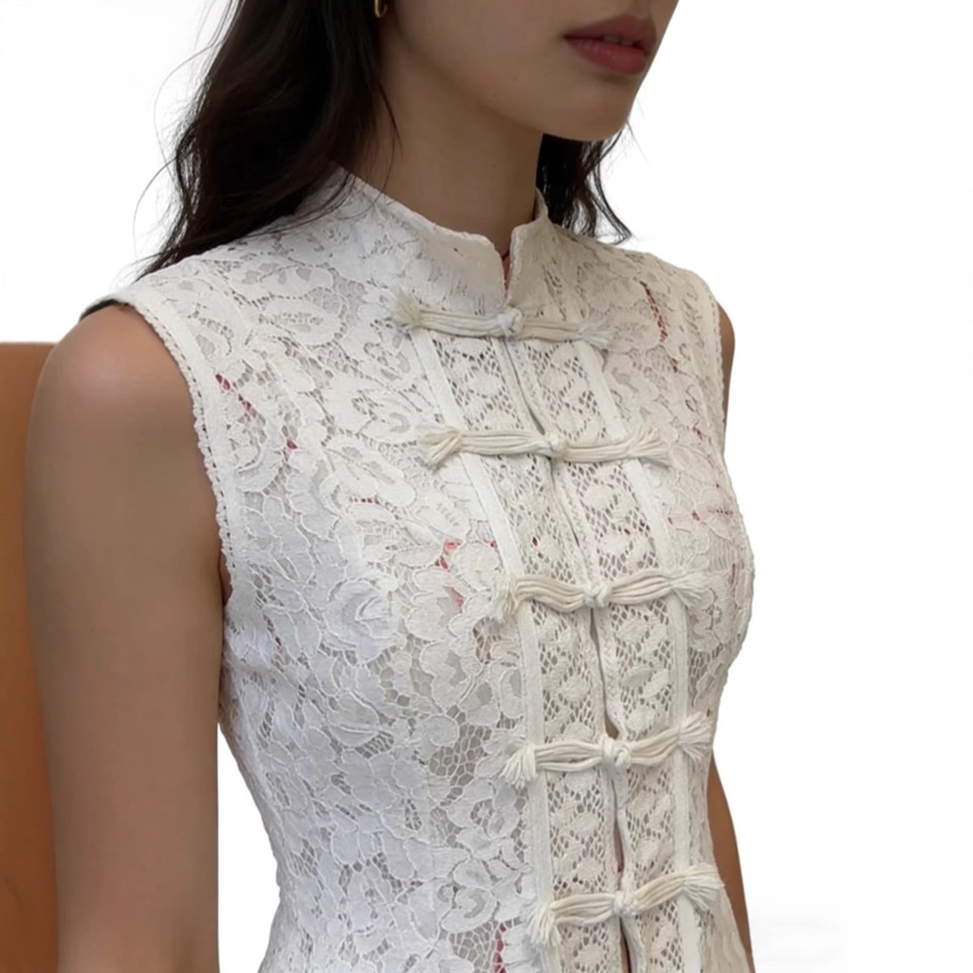 Elegant Women's Lace Top - Stand-Up Collar, Sleeveless & Figure-Hugging