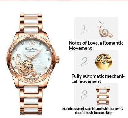 Ladies Automatic Watch Wine Red – Skeleton Design Luxury Wristwatch