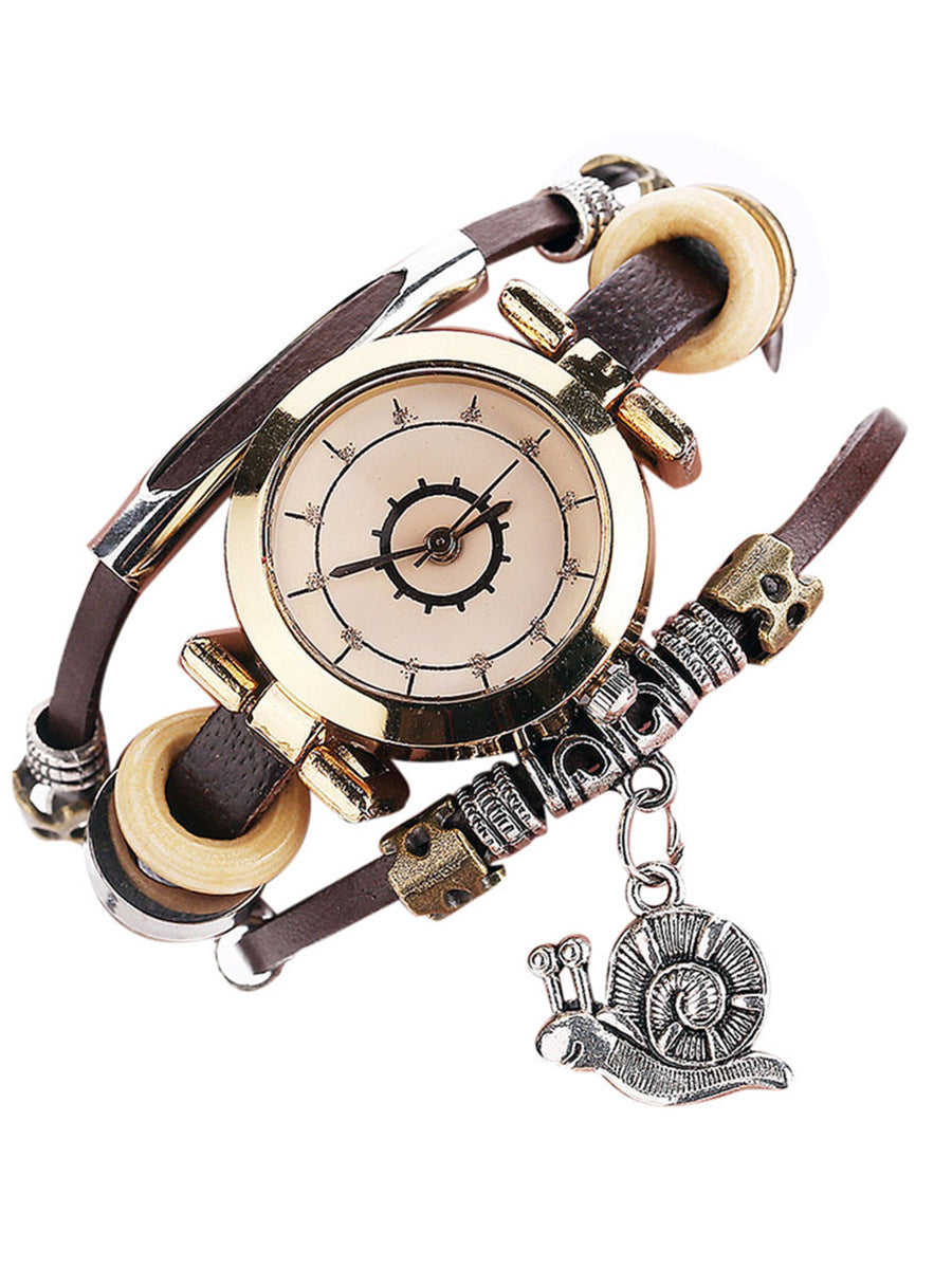 Vintage Ladies' Wristwatch, Curved Leather Strap, Snail Pendant
