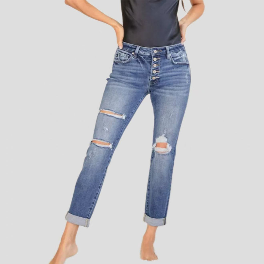 Women's Slim Fit Straight Leg Jeans – Ripped Cuffed Denim Pants