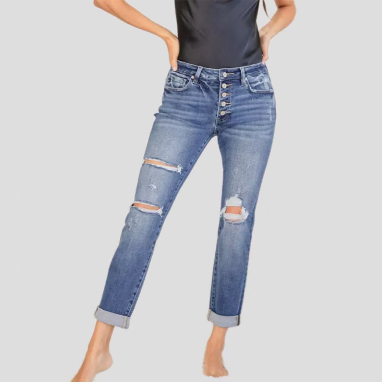 Women's Slim Fit Straight Leg Jeans – Ripped Cuffed Denim Pants