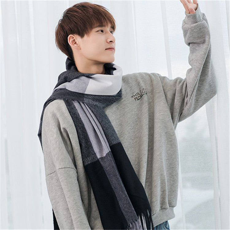 Men's checkered scarf with fringes, warm, soft, elegant