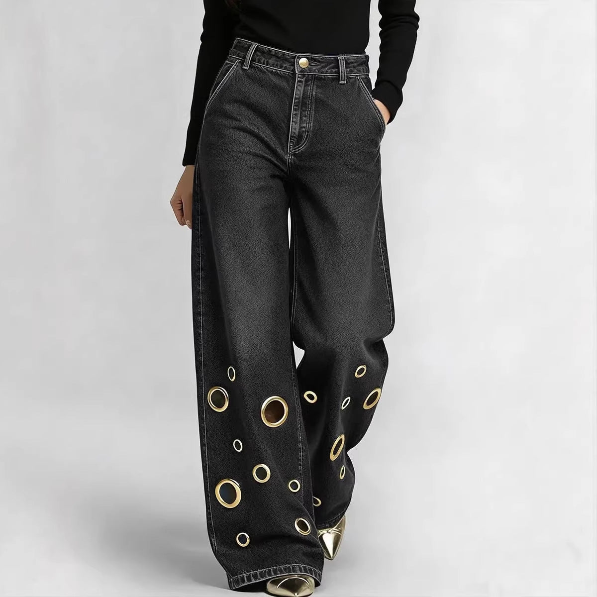 Women's High Waisted Loose Fit Jeans with Cut-Outs & Metal Eyelets