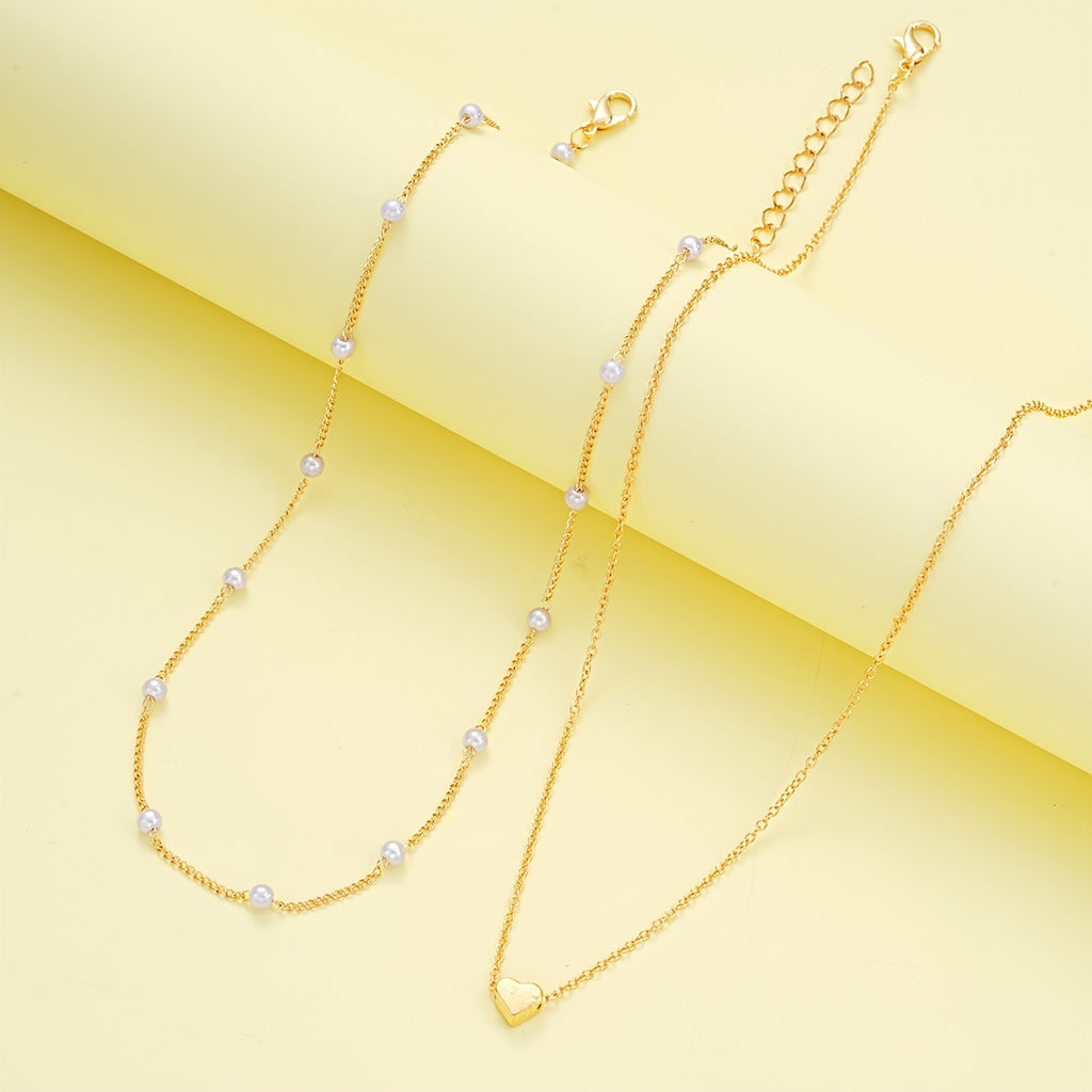 Romantic Pearl Jewelry Set with Heart Design – Double-Layer Necklace & Bracelet