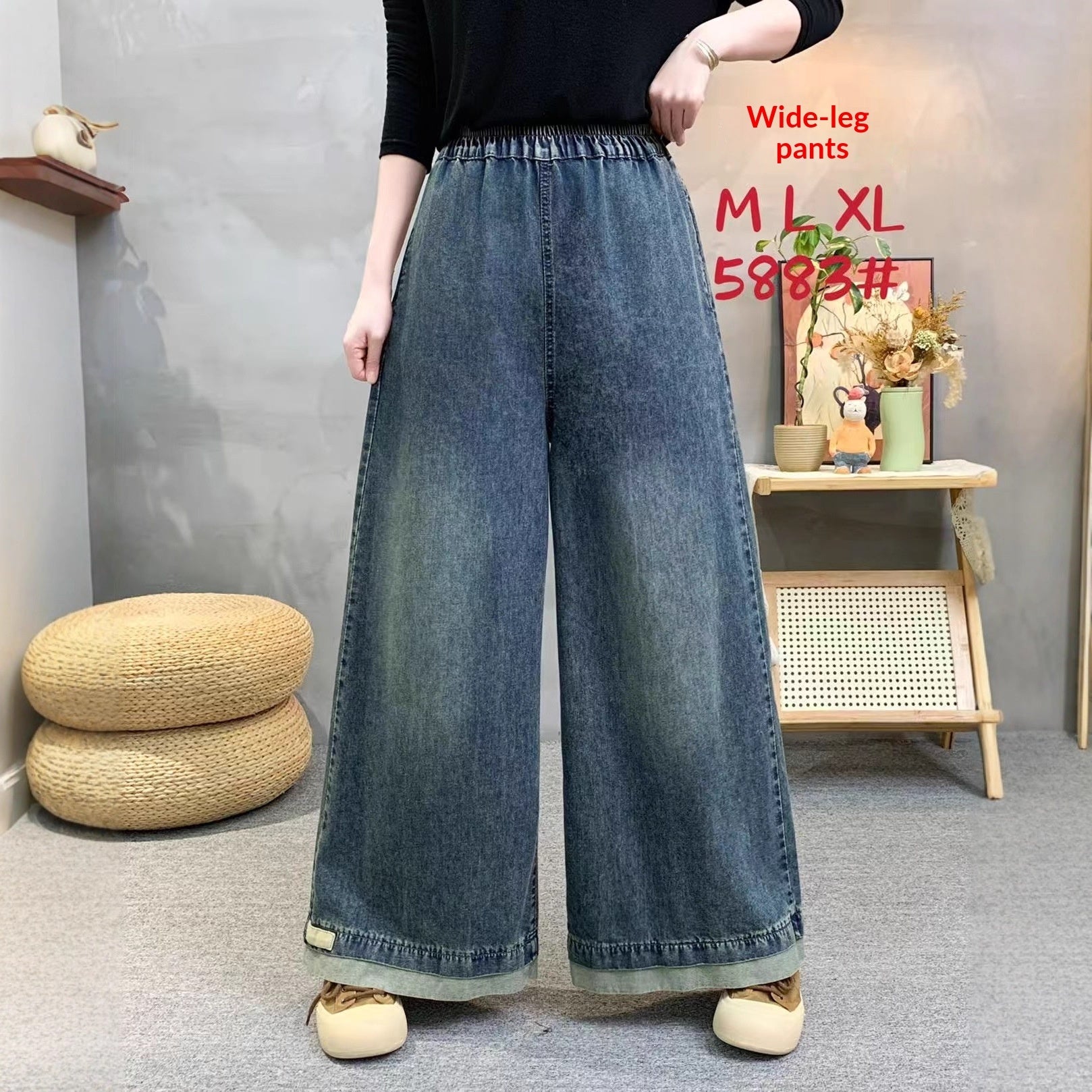 Women's High Waist Wide Leg Jeans with Elastic Waistband – Loose Fit Denim