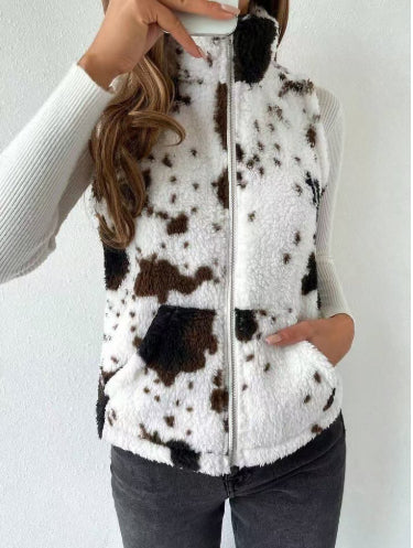 Damen Plüsch Cardigan mit Print – Beidseitig Tragbar, Reißverschluss & Warm