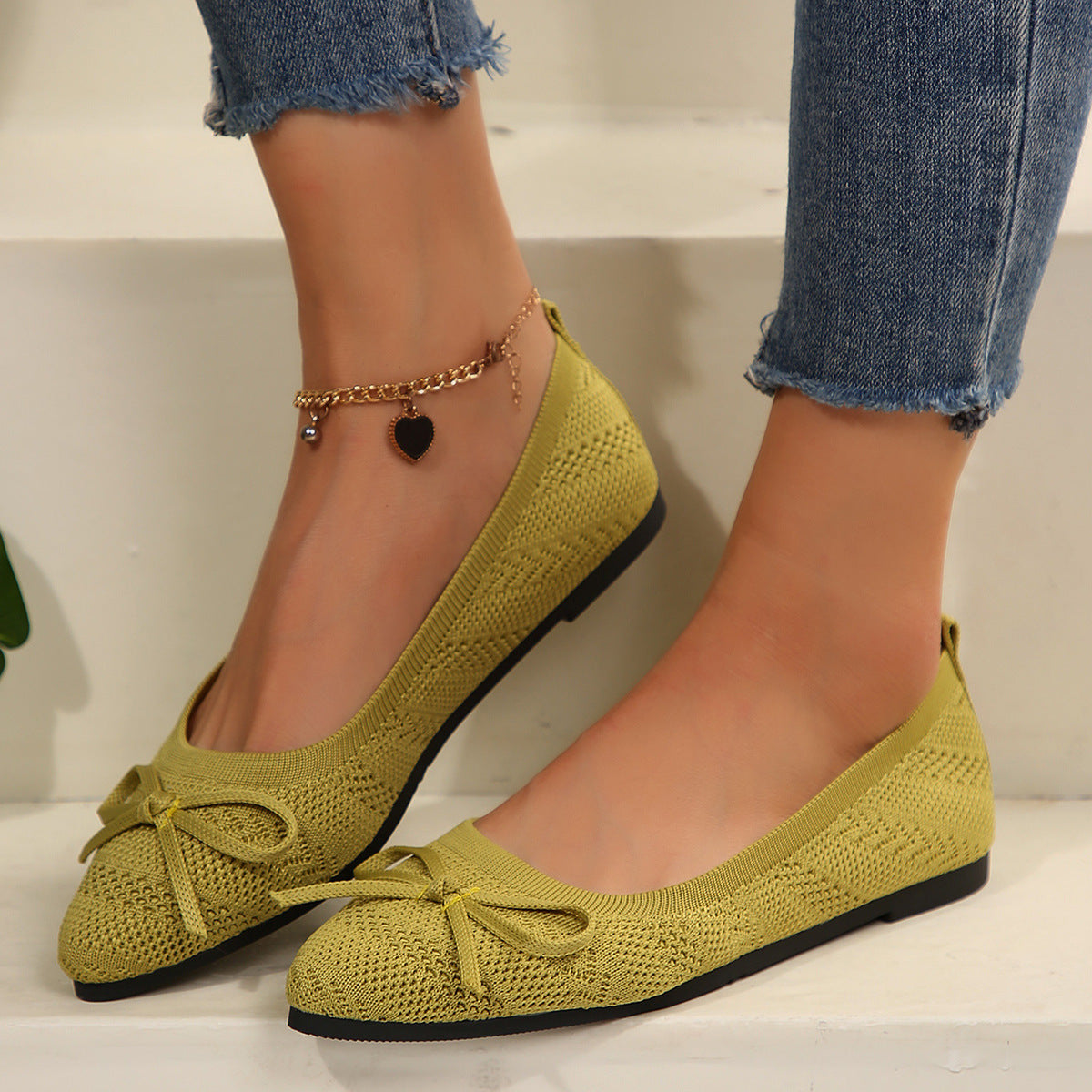 Women's knitted loafer elegant | pointed flats with bow