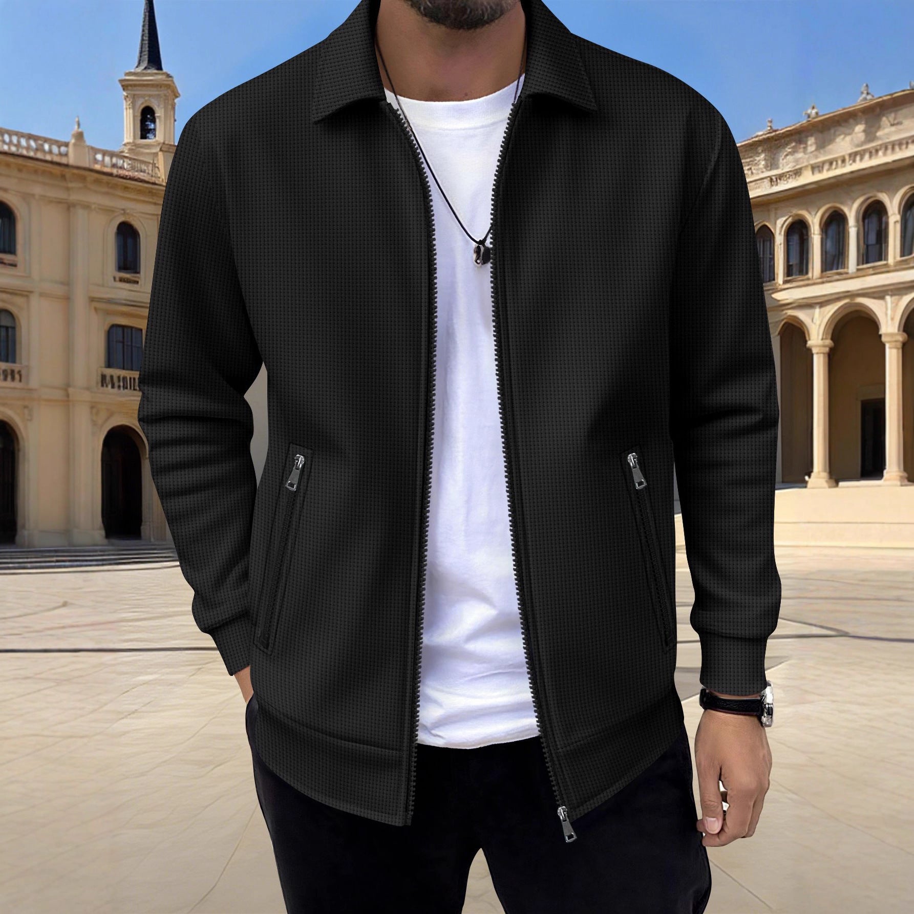 Men's Solid Zip Jacket – Stylish Long Sleeve Jacket with Pockets