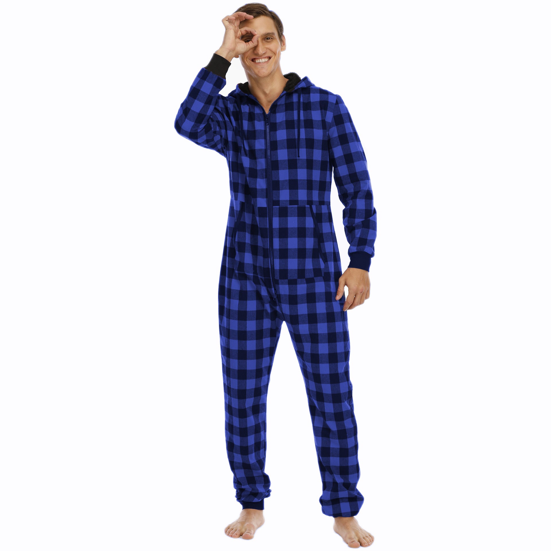 Herren Flanell Overall Pyjama | Kariert Kapuze Warm