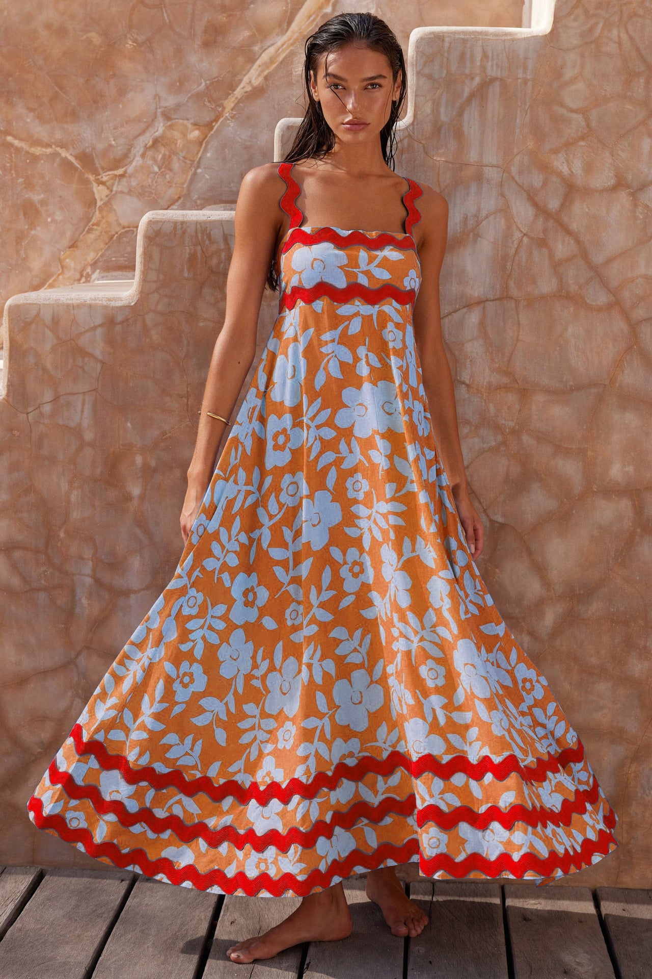 Floral A-Line Maxi Beach Dress – Lightweight Summer Dress with Spaghetti Straps