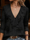 Retro Women's Blouse with V-Neck & Ruffles – Feminine & Elegant