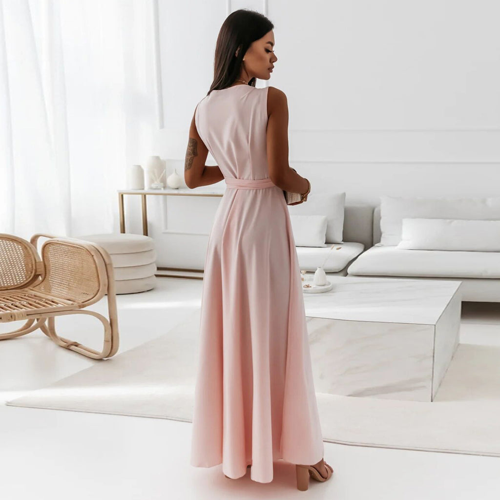 Elegant V-Neck Maxi Dress – Sleeveless Dress with Belt for Party & Evening