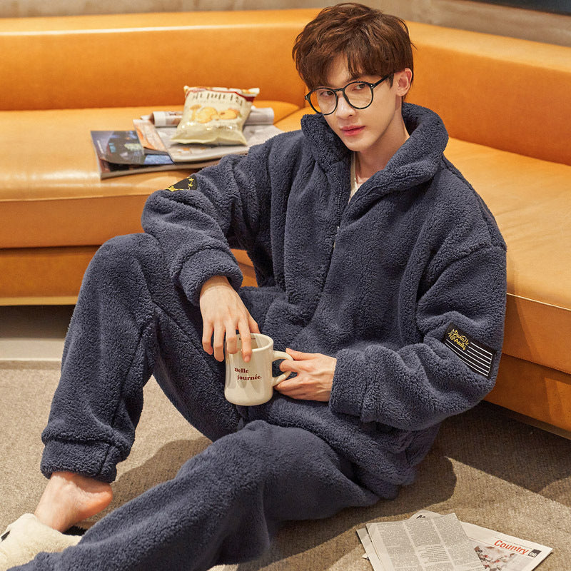 Herren Flanell Pyjama Warm | Stehkragen Reißverschluss Winter Set