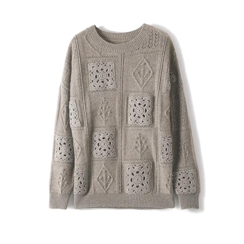 Elegant Wool Sweater with Crochet Pattern - Women's Round Neck Knitted Pullover