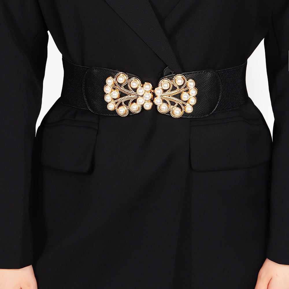 Women's Stretch Belt Wide | Elastic Pearl Buckle Elegant