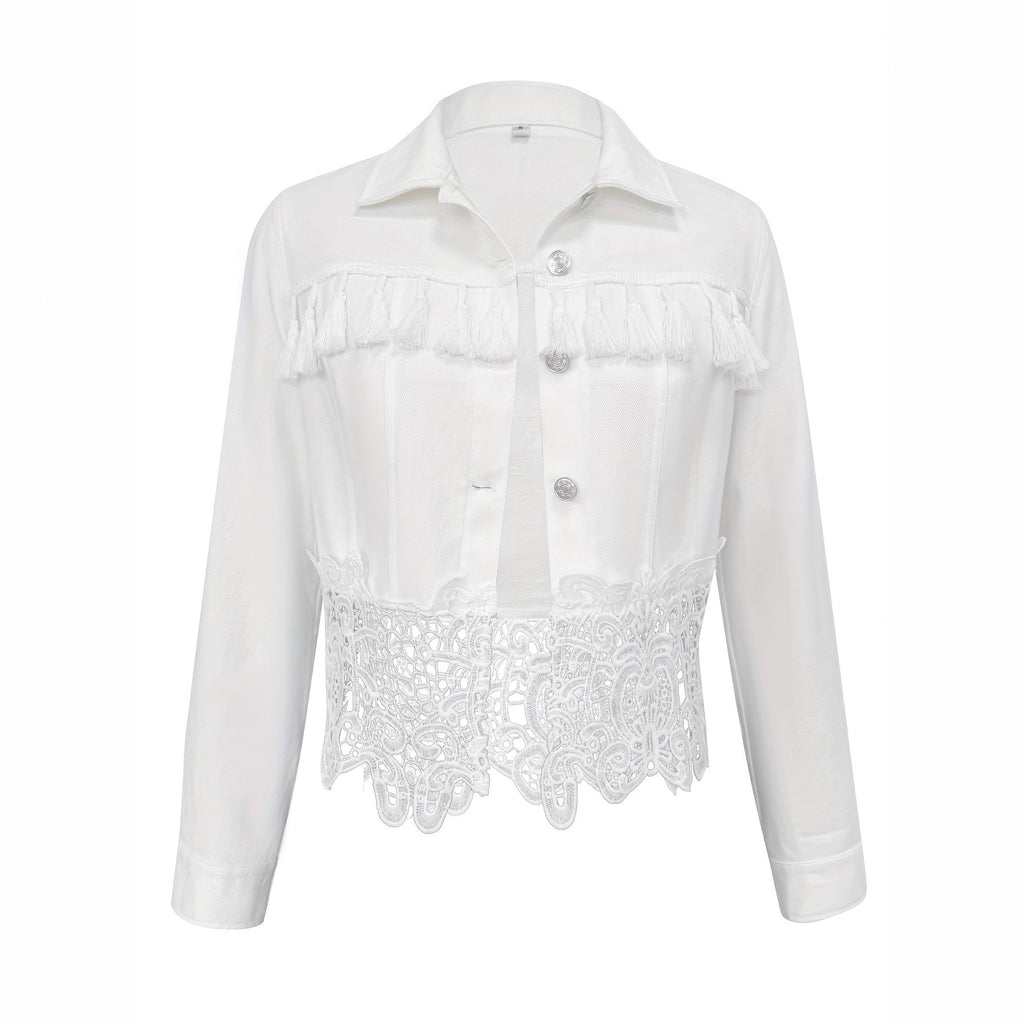 Women's Coat with Fringe & Cut-Outs – Elegant Patchwork Designer Look