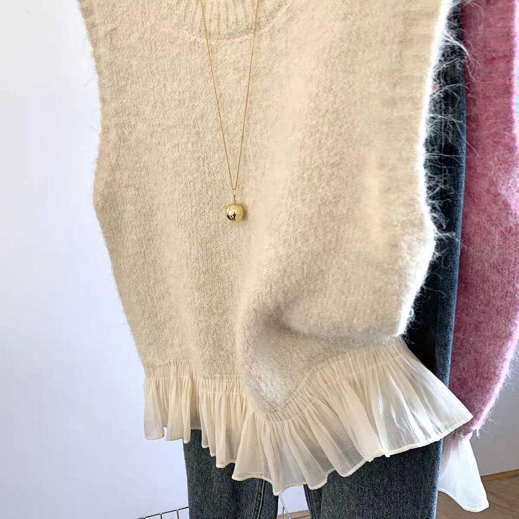 Damen Strickweste mit Rüschen – Einfarbig, Weich & Femininer Stil