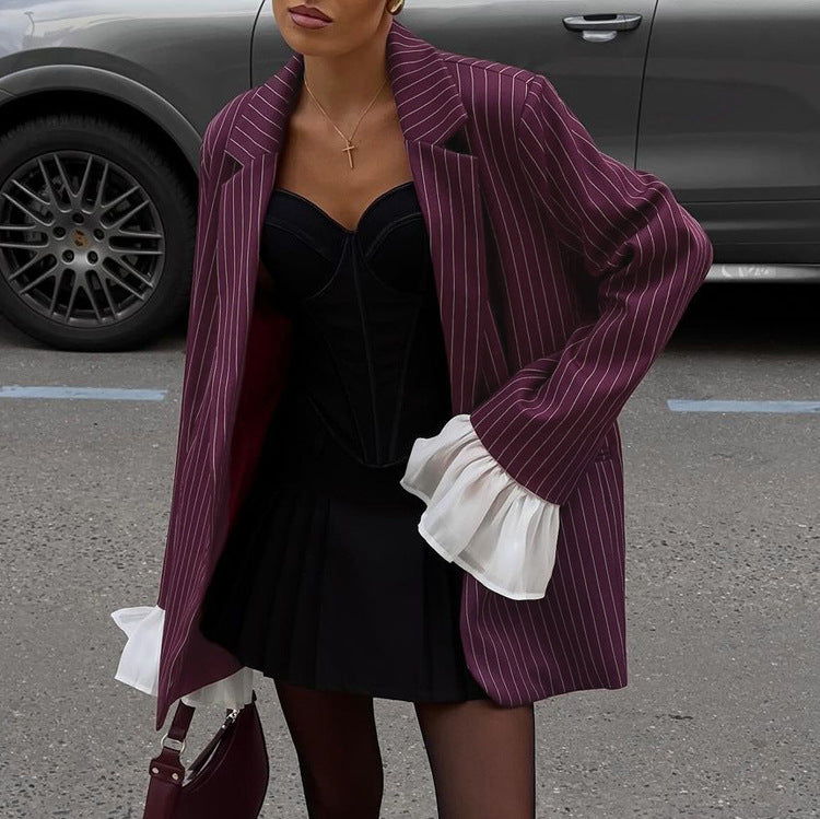 Damen Blazer mit Spitze & Glockenärmeln – Locker, Gestreift & Elegant