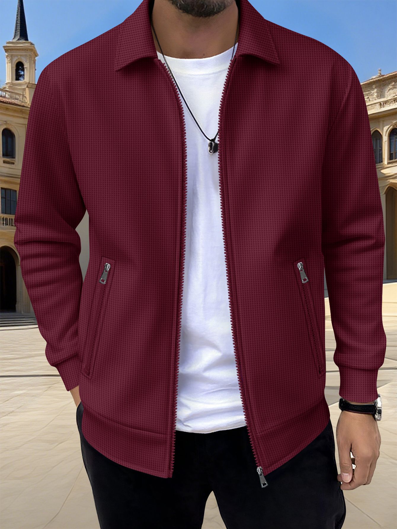 Men's Solid Zip Jacket – Stylish Long Sleeve Jacket with Pockets