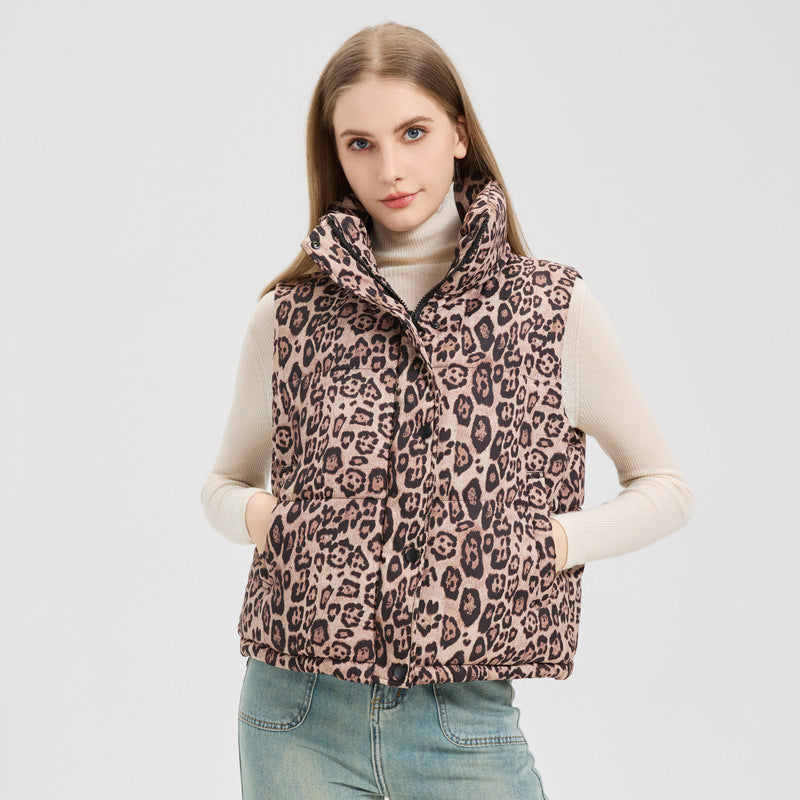 Damen Leoparden Weste | Baumwolle | Eleganter Stehkragen