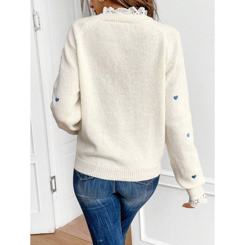 Strickpullover mit Herzstickerei – Damen Patchwork Basic Pullover