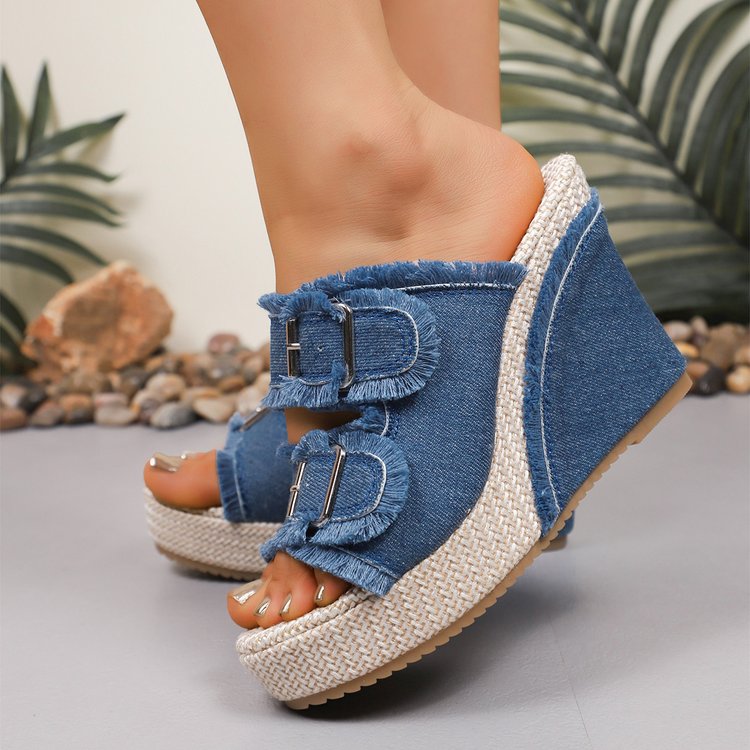 Women's Denim Mule Sandals – Block Heel Slip-On with Buckle