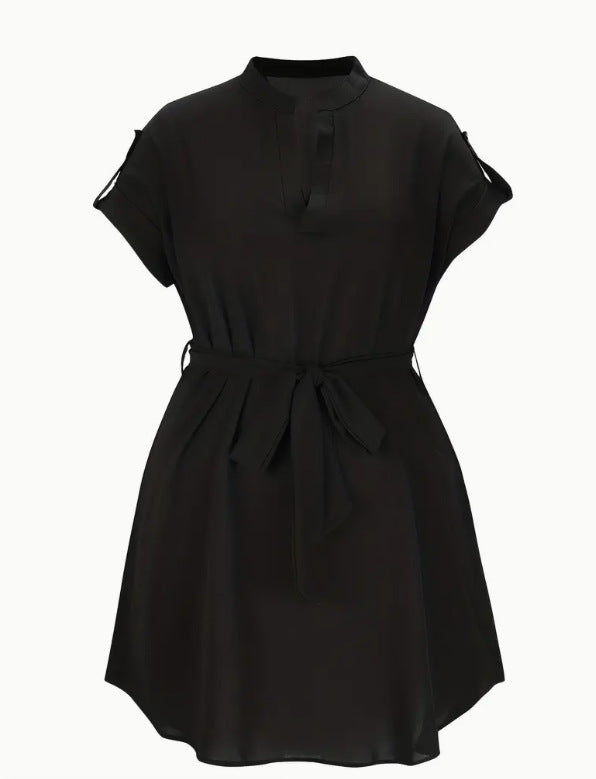 Summer V-neck Dress – Fitted Short-Sleeve Dress with Tie