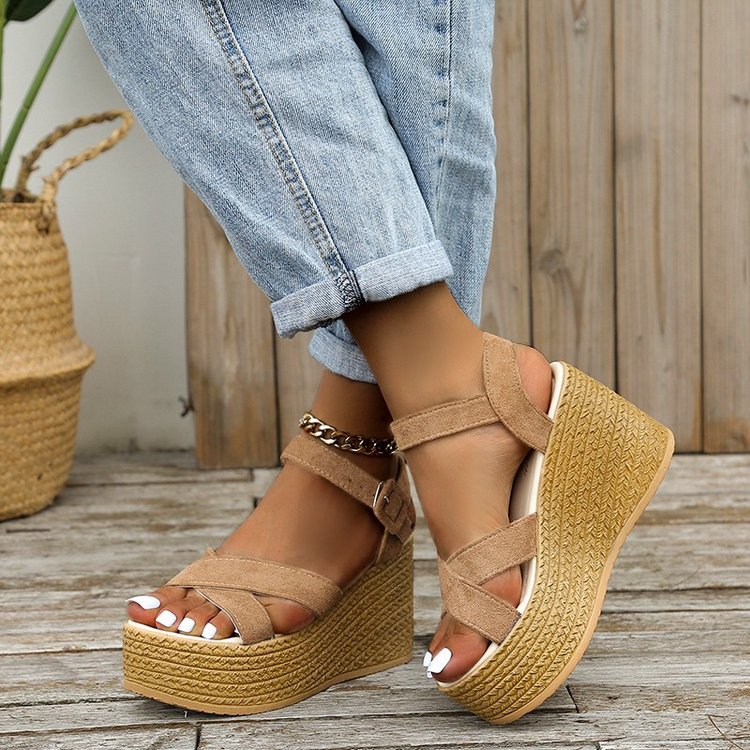 Damen Keilsandalen Kreuzriemen Hanf | Sommer bequem rutschfest Schuhe