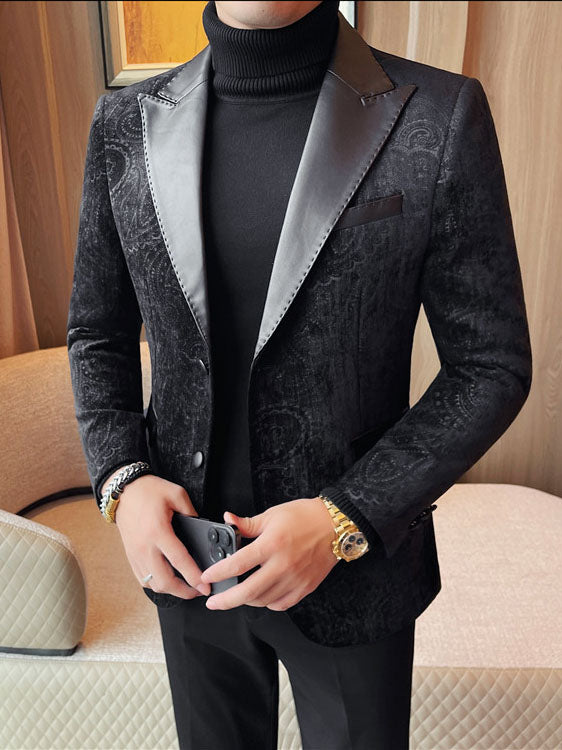 Men's Jacquard Velvet Blazer with Leather Lapels – Luxury Elegant Jacket