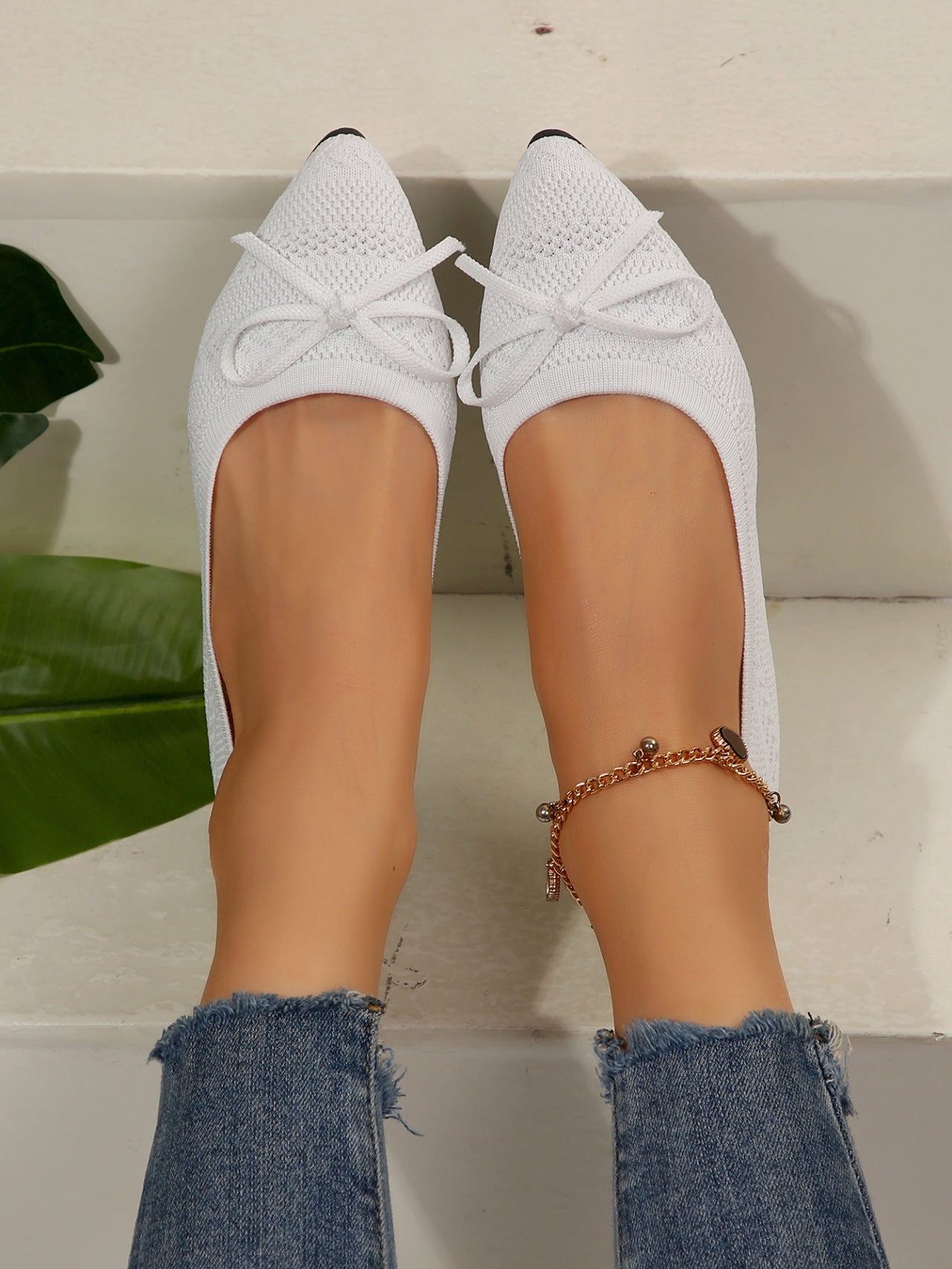 Women's knitted loafer elegant | pointed flats with bow