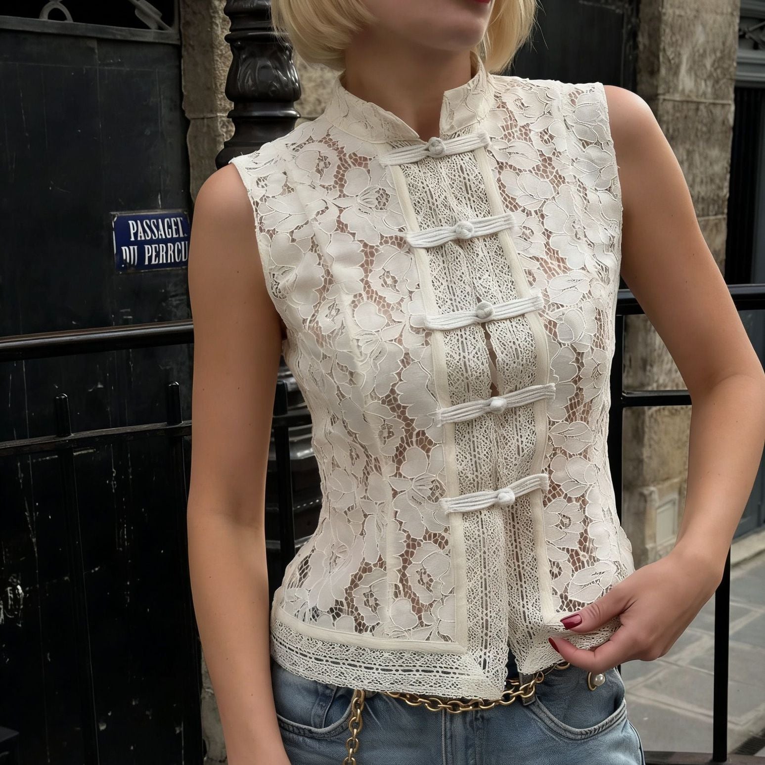 Elegant Women's Lace Top - Stand-Up Collar, Sleeveless & Figure-Hugging