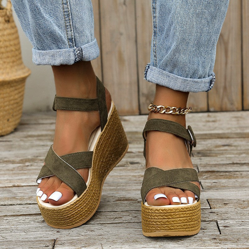 Damen Keilsandalen Kreuzriemen Hanf | Sommer bequem rutschfest Schuhe