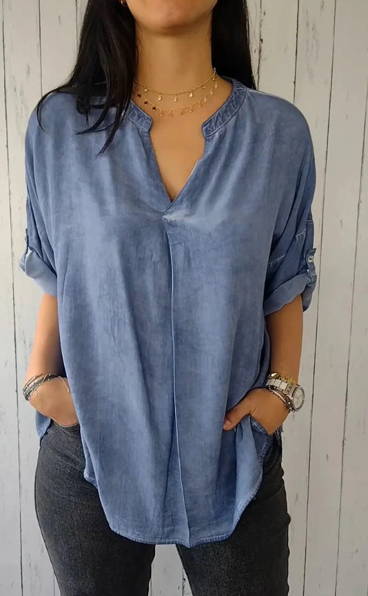 Plus Size Damenbluse Baumwolle Leinen | V-Ausschnitt Shirt