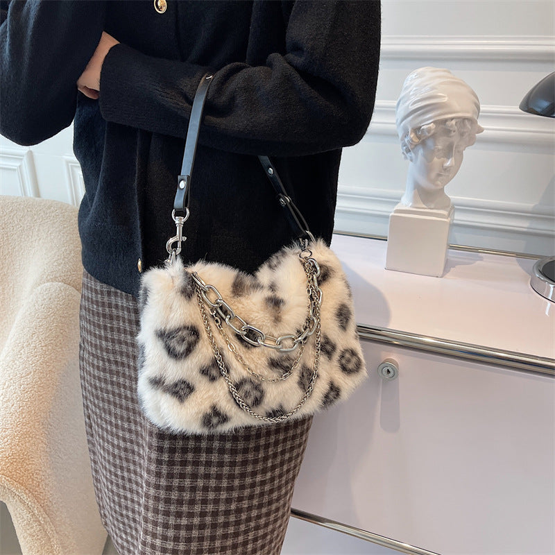 Plush Shoulder Bag Women Winter Floral Handbag Elegant