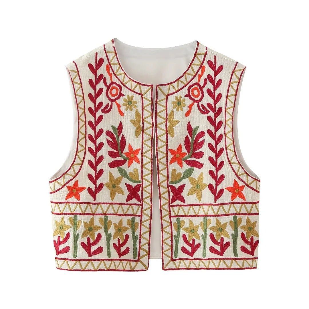 Damen Stickerei Weste | Rundhals Vintage Fashion Style