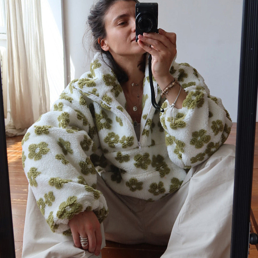 Women's Floral Fleece Pullover | Warm Oversized Look