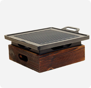 Smokeless Korean BBQ Grill Pan with Wooden Handle & Wooden Seat Design
