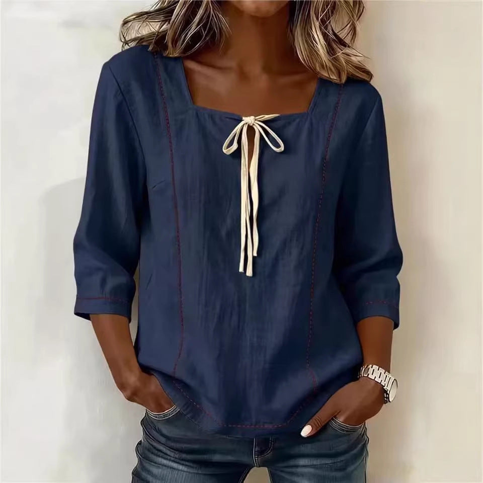 Women's Blouse with Print, Lacing & Square Neckline – Mid-Sleeve