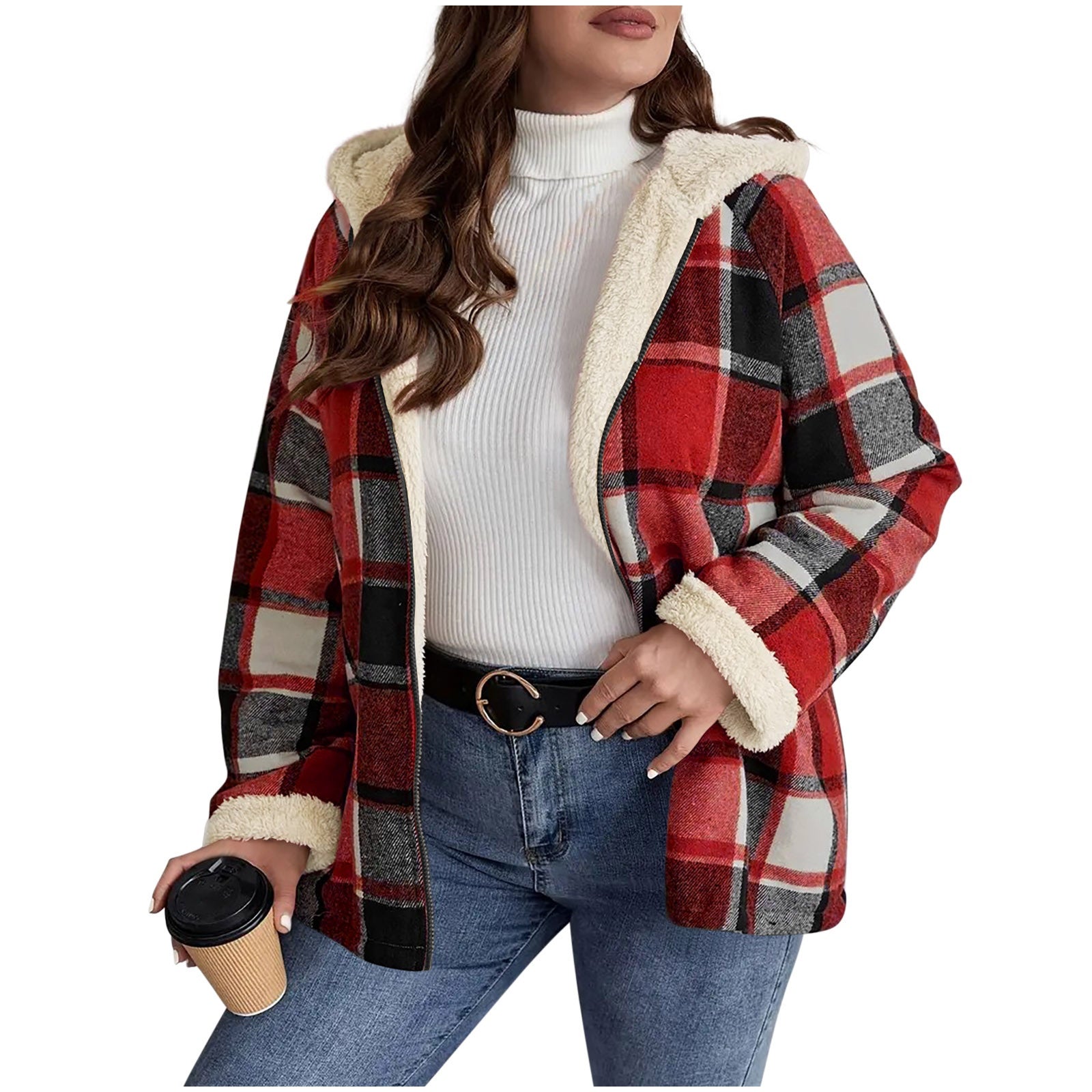 Checkered women's coat with hood | Warm winter jacket