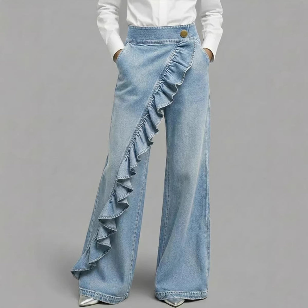 Women's Retro High Waist A-Line Jeans – Irregular Denim Trousers
