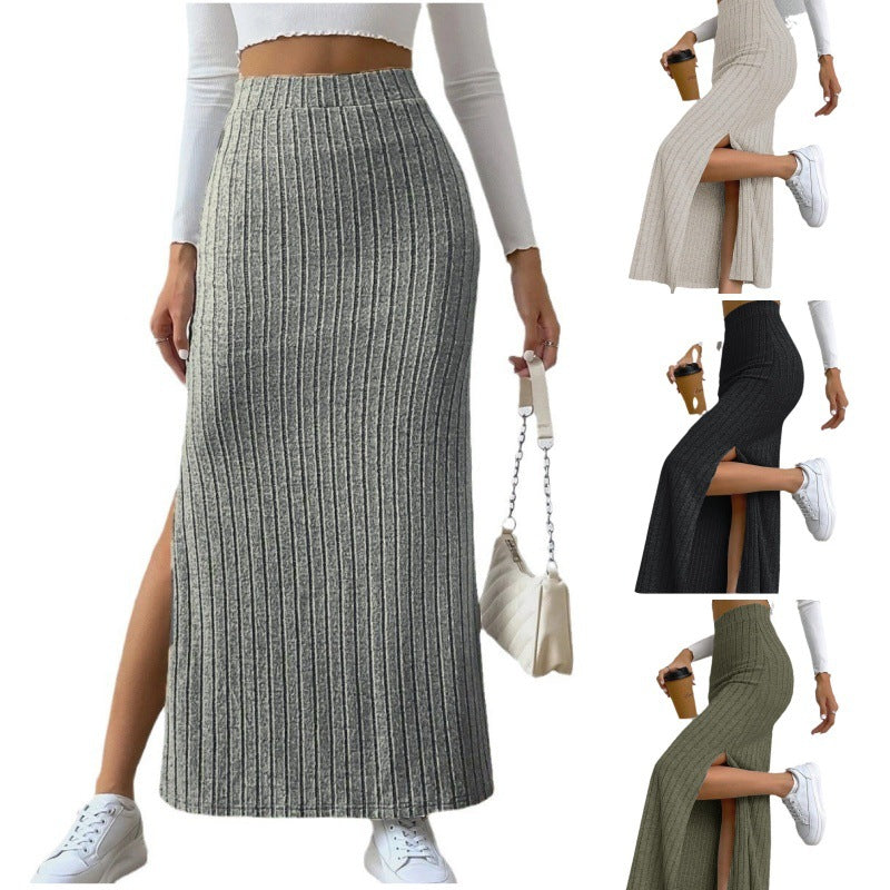 Damen Strick Maxirock | High Waist Rock mit Seitenschlitz
