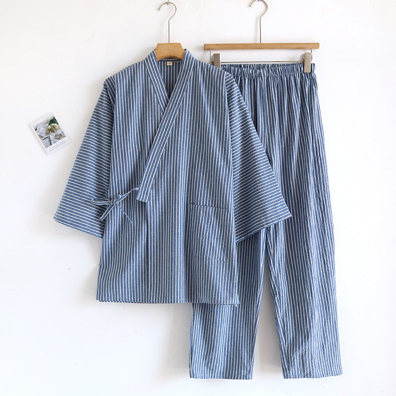 Kimono Pyjama Set Baumwolle | Gestreift Damen Herren Loungewear