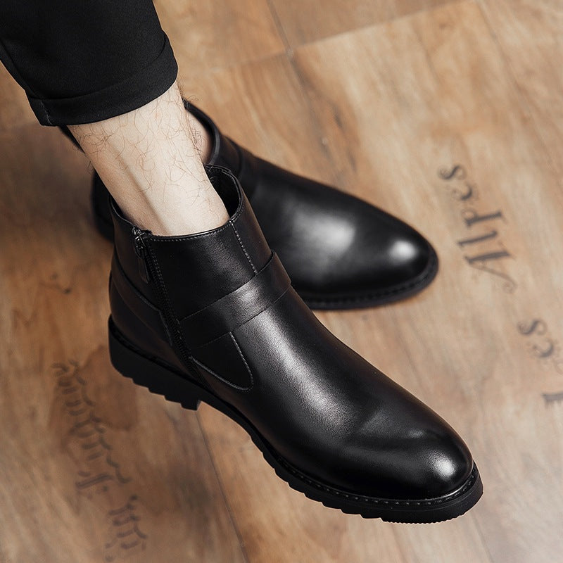 Men's Pointed Toe High Top Leather Boots with Zipper – British Style Ankle Boots Large Sizes