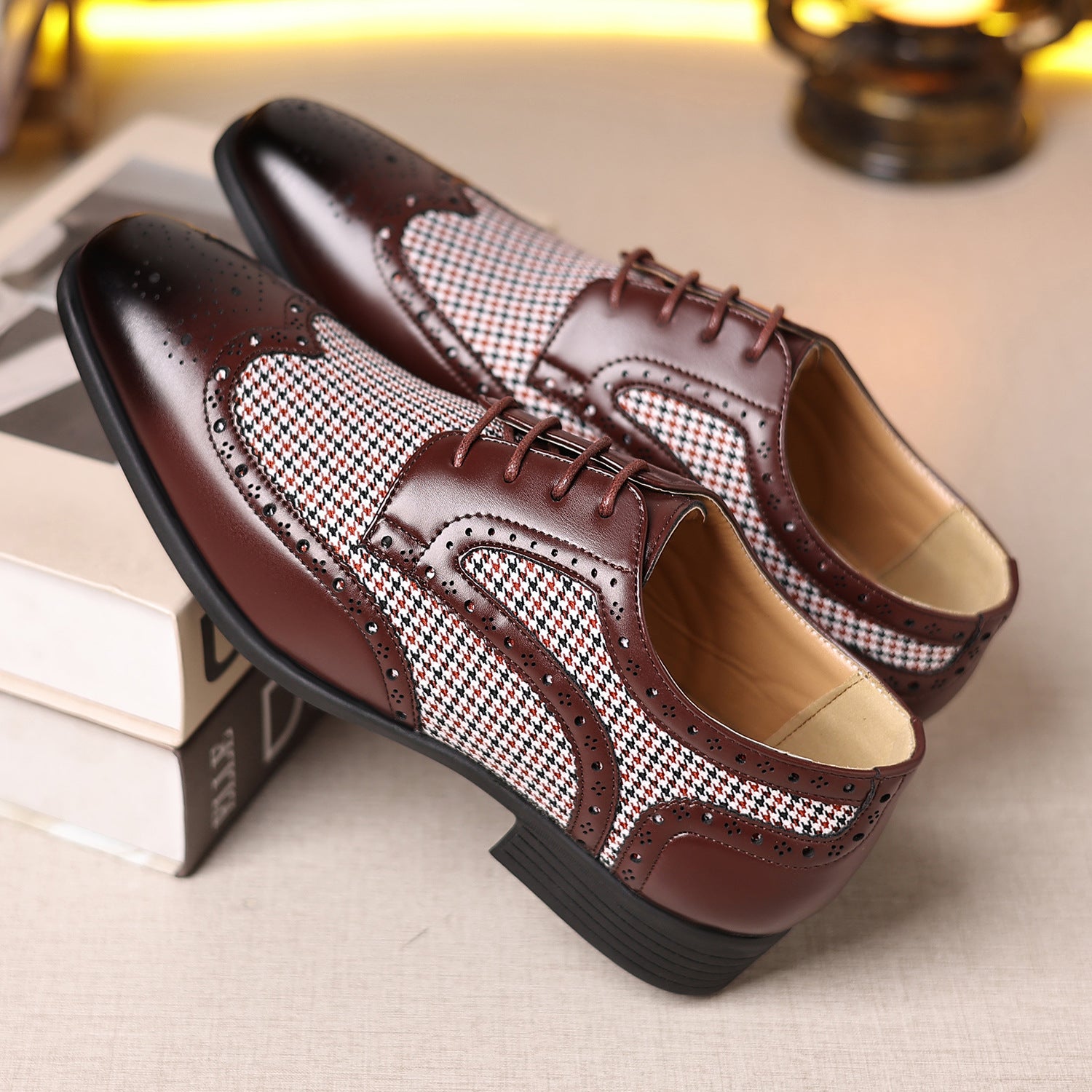 Men's Leather Houndstooth Loafers | Elegant Slip-On Shoes