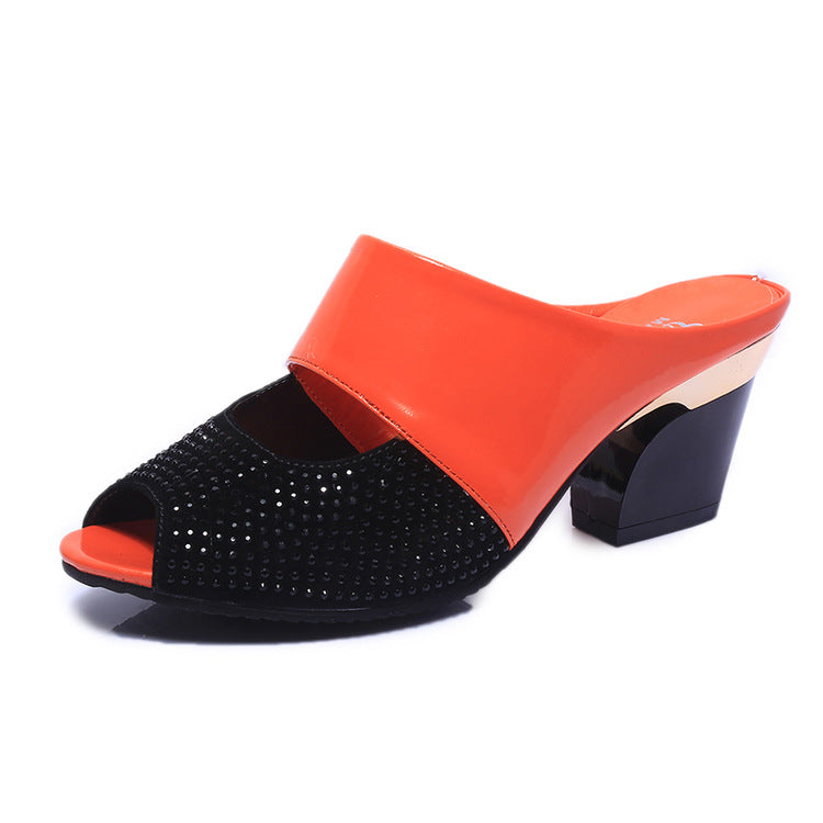 Patent Leather Rhinestone Sandals for Women | Elegant Block Heel Shoes