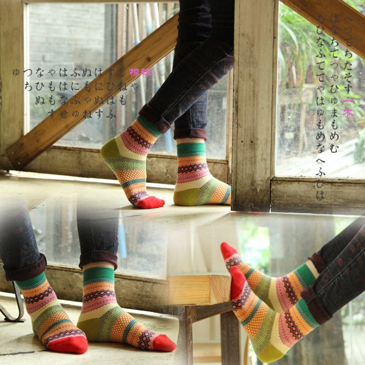 Women's Vintage Ethnic Socks | Striped Cotton Tube Socks