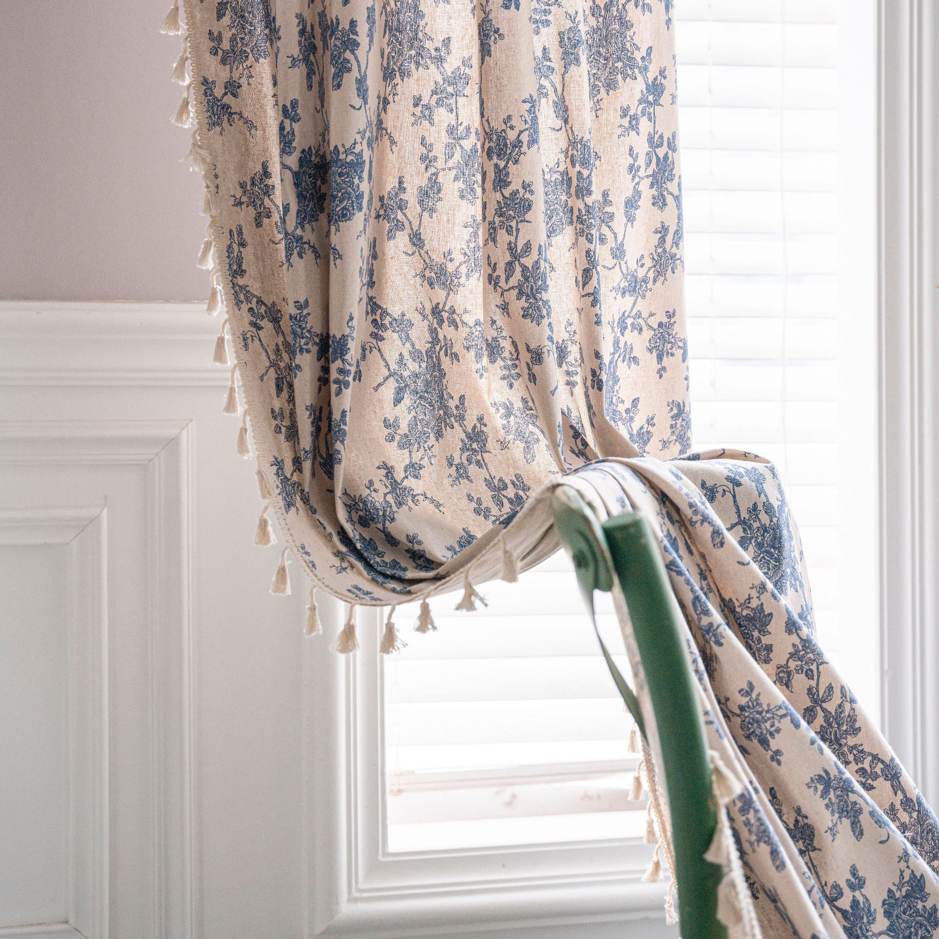 Bistro Gardine Baumwolle Leinen | beige Print Quasten Küche