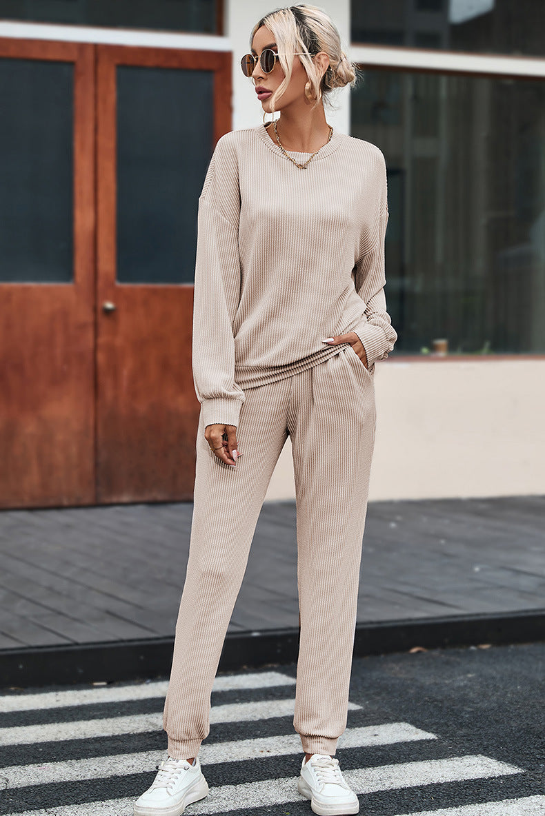 Women's Plain Loungewear Set – Long-Sleeved Top & Trousers Comfort Suit