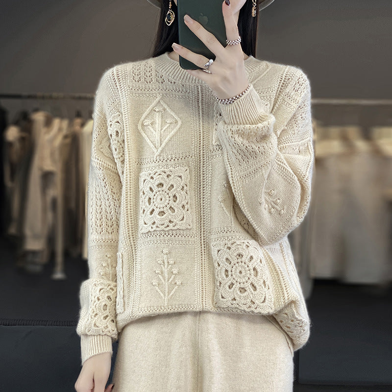 Elegant Wool Sweater with Crochet Pattern - Women's Round Neck Knitted Pullover